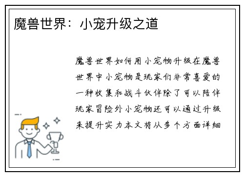 魔兽世界：小宠升级之道